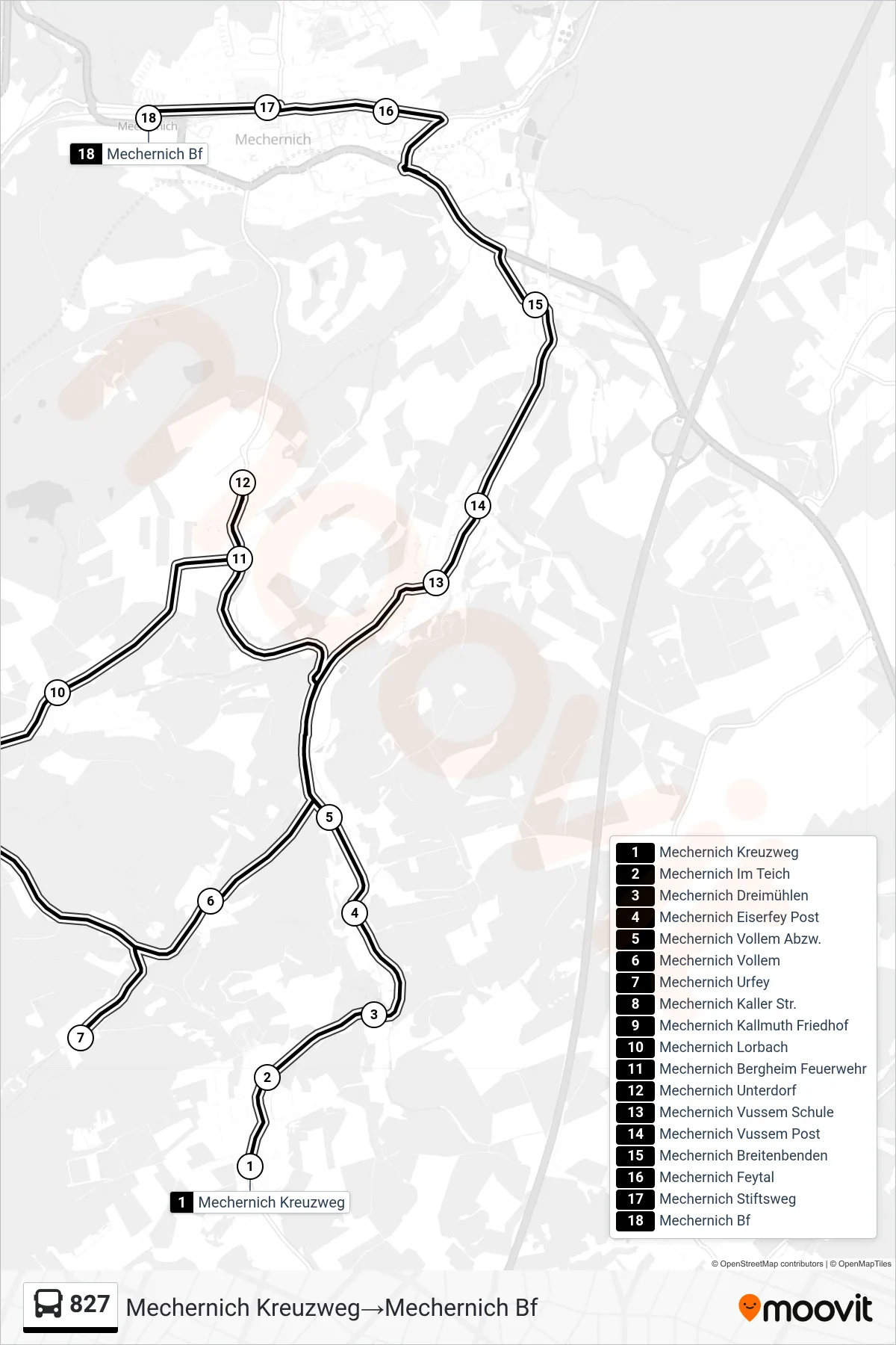 Linie 827 (Bus) Richtung Mechernich Kreuzweg‎→Mechernich Bf: Route und Haltestellen auf der Karte