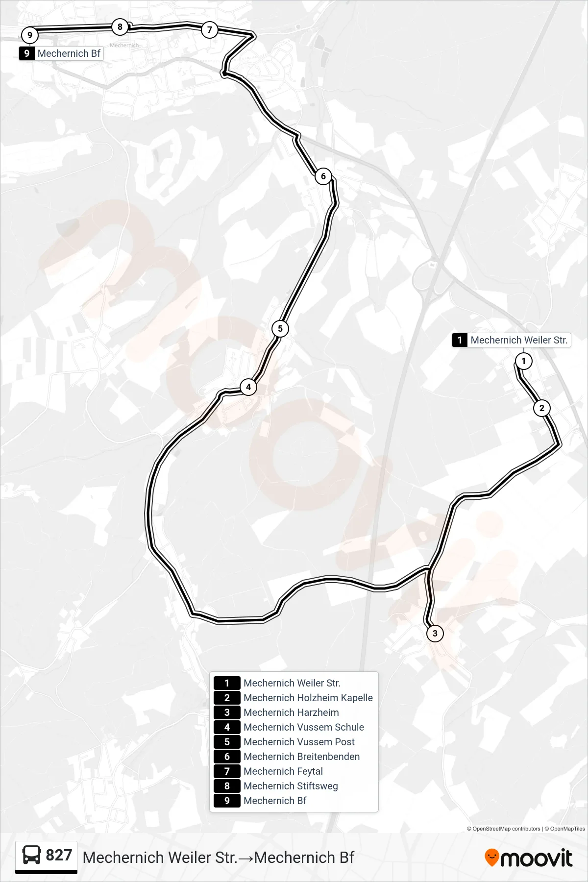 Linie 827 (Bus) Richtung Mechernich Weiler Str.‎→Mechernich Bf: Route und Haltestellen auf der Karte