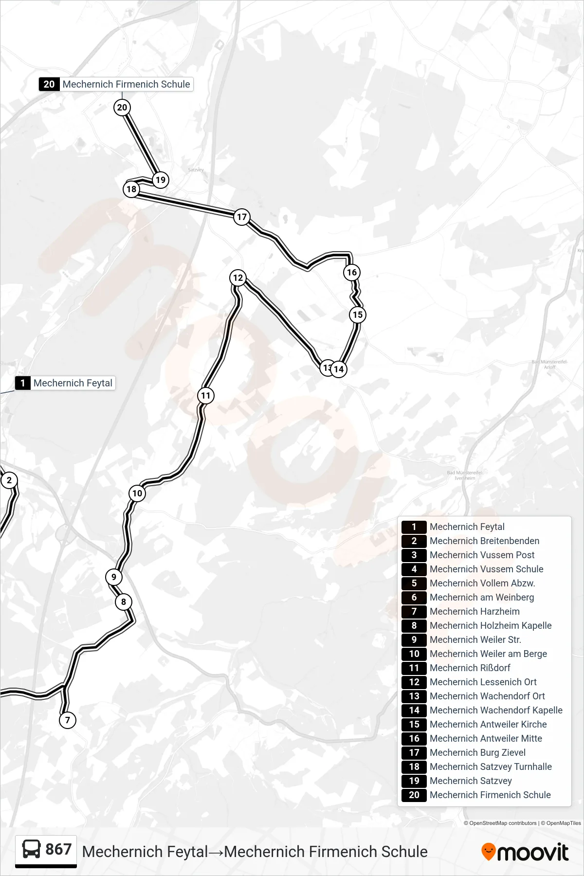 Linie 867 (Bus) Richtung Mechernich Feytal→Mechernich Firmenich Schule: Route und Haltestellen auf der Karte