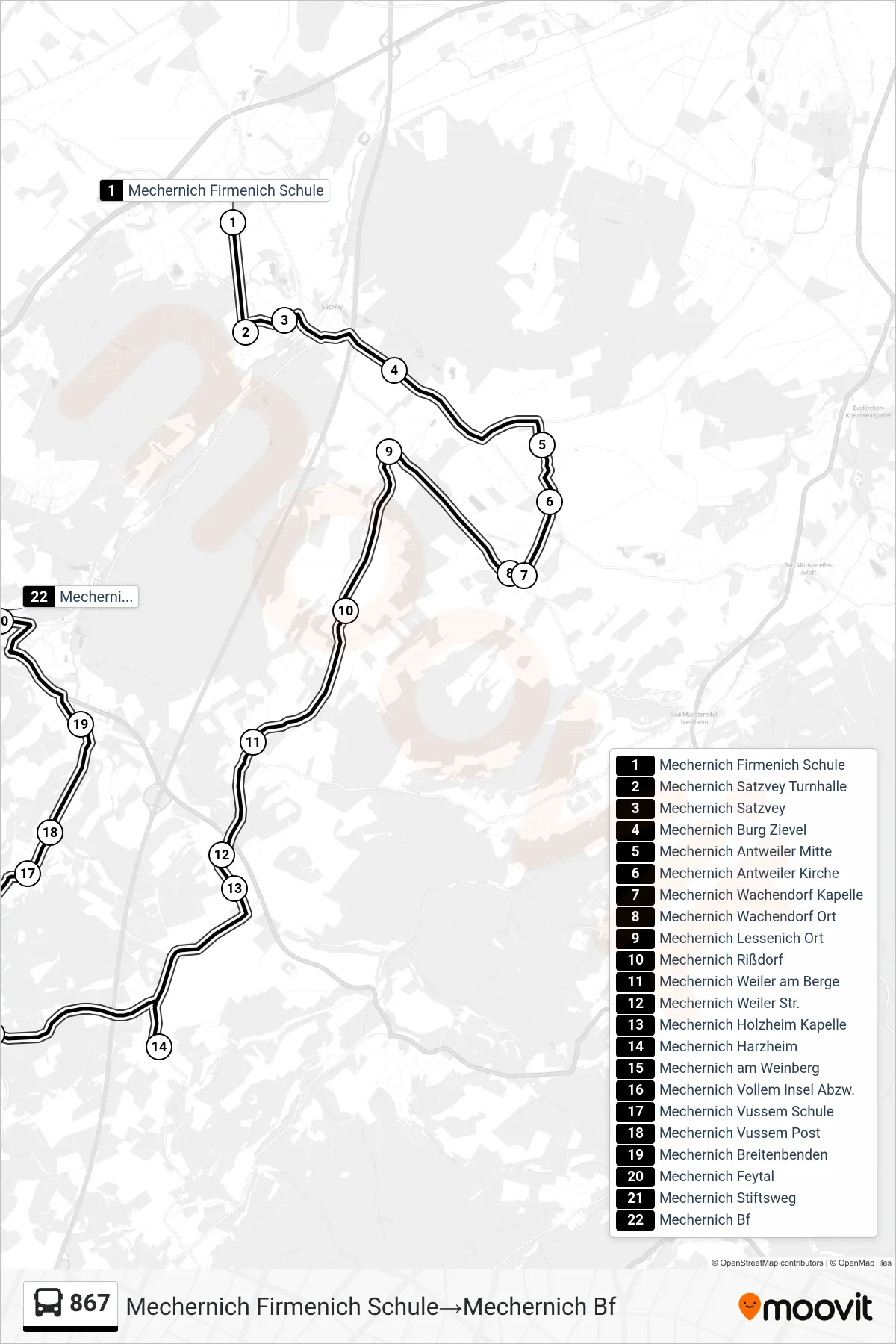 Linie 867 (Bus) Richtung Mechernich Firmenich Schule‎→Mechernich Bf: Route und Haltestellen auf der Karte