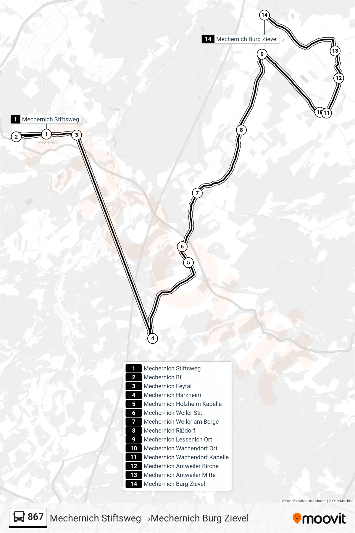 Linie 867 (Bus) Richtung Mechernich Stiftsweg→Mechernich Burg Zievel: Route und Haltestellen auf der Karte