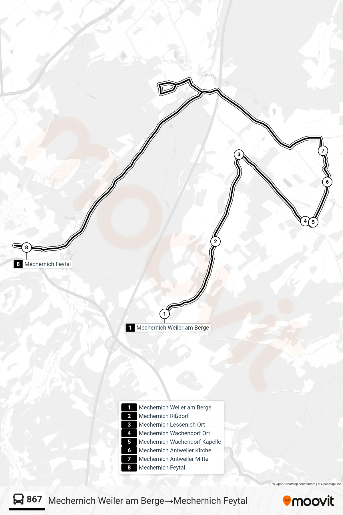 Linie 867 (Bus) Richtung Mechernich Weiler am Berge→Mechernich Feytal: Route und Haltestellen auf der Karte