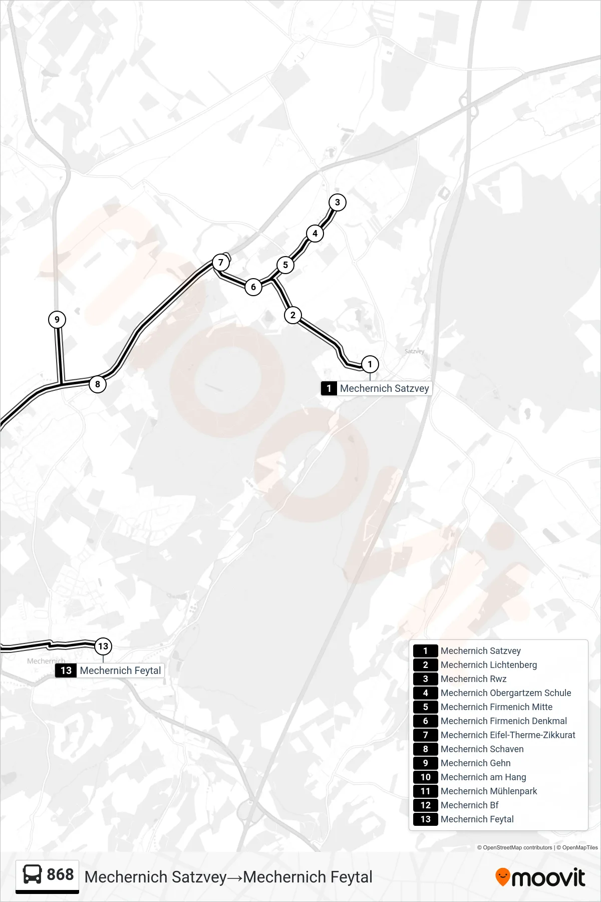 868 bus Line (Mechernich Satzvey→Mechernich Feytal) route and stops on a map