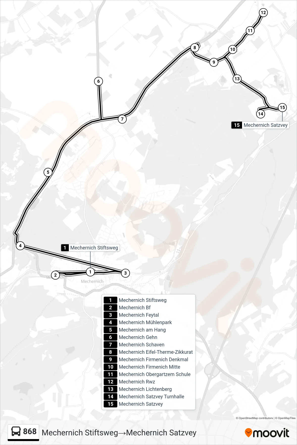 868 bus Line (Mechernich Stiftsweg‎→Mechernich Satzvey) route and stops on a map