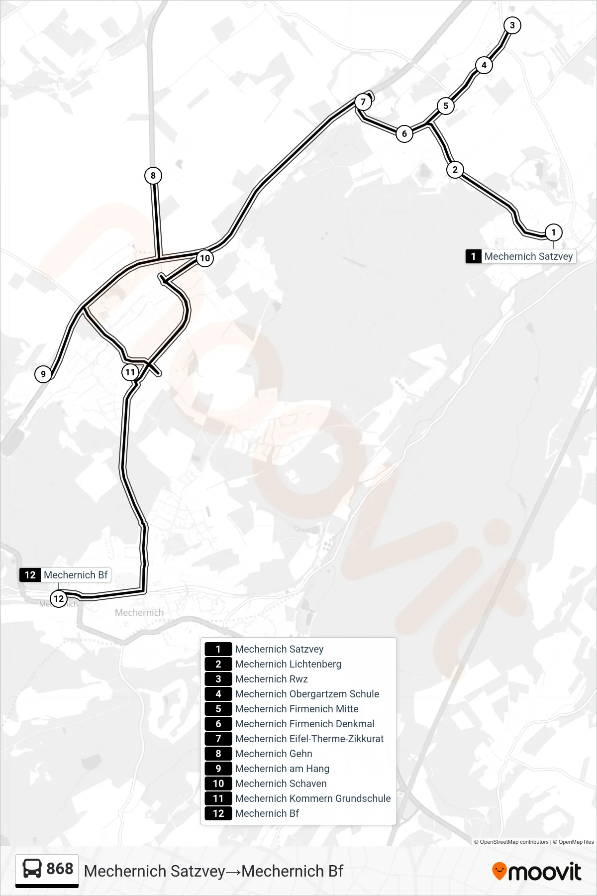 Linie 868 (Bus) Richtung Mechernich Satzvey→Mechernich Bf: Route und Haltestellen auf der Karte