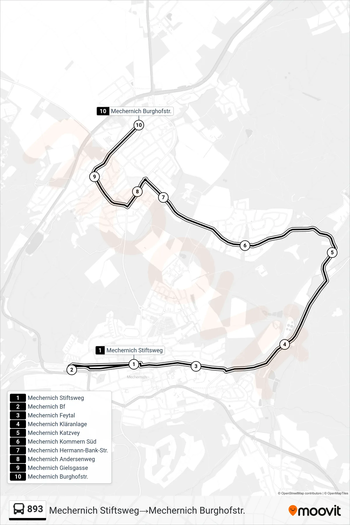 Linie 893 (Bus) Richtung Mechernich Stiftsweg‎→Mechernich Burghofstr.: Route und Haltestellen auf der Karte