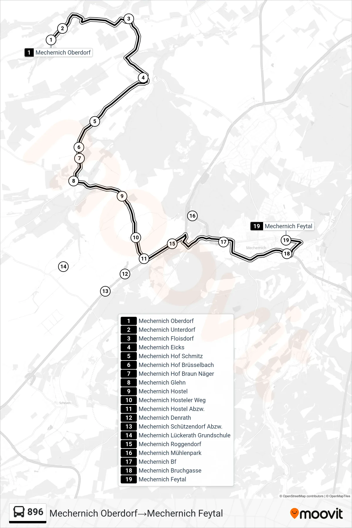 Linie 896 (Bus) Richtung Mechernich Oberdorf‎→Mechernich Feytal: Route und Haltestellen auf der Karte
