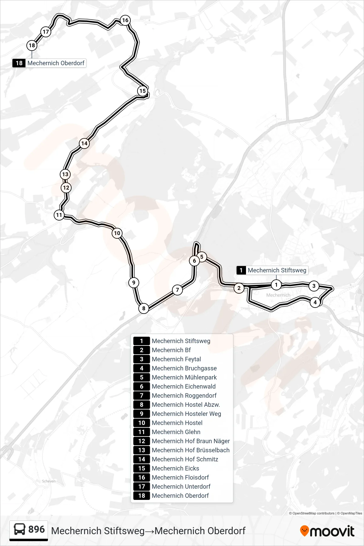 Linie 896 (Bus) Richtung Mechernich Stiftsweg‎→Mechernich Oberdorf: Route und Haltestellen auf der Karte