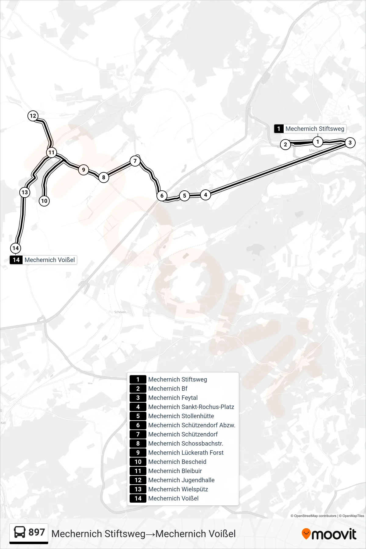 Linie 897 (Bus) Richtung Mechernich Stiftsweg→Mechernich Voißel: Route und Haltestellen auf der Karte