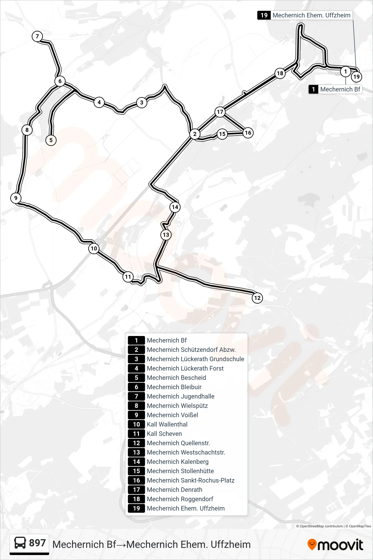 Linie 897 (Bus) Richtung Mechernich Bf‎→Mechernich Ehem. Uffzheim: Route und Haltestellen auf der Karte