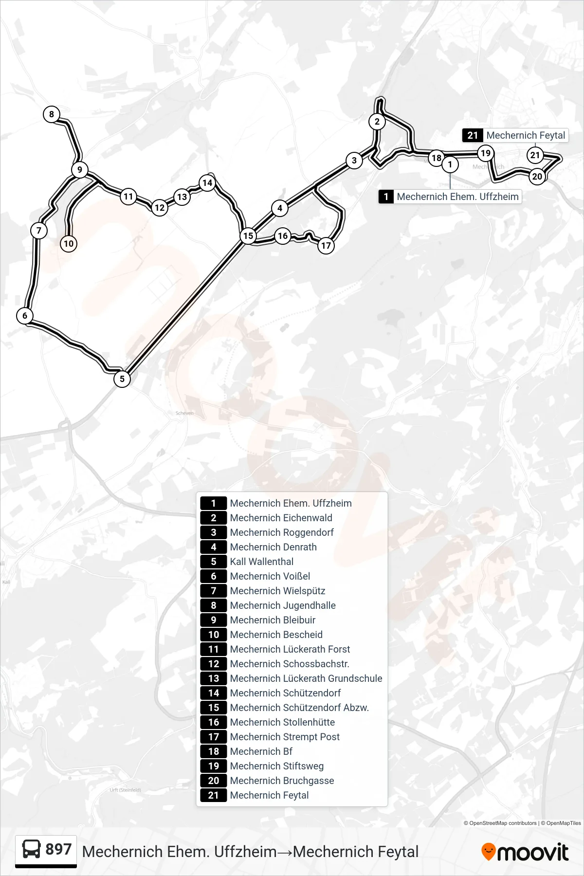 Linie 897 (Bus) Richtung Mechernich Ehem. Uffzheim→Mechernich Feytal: Route und Haltestellen auf der Karte