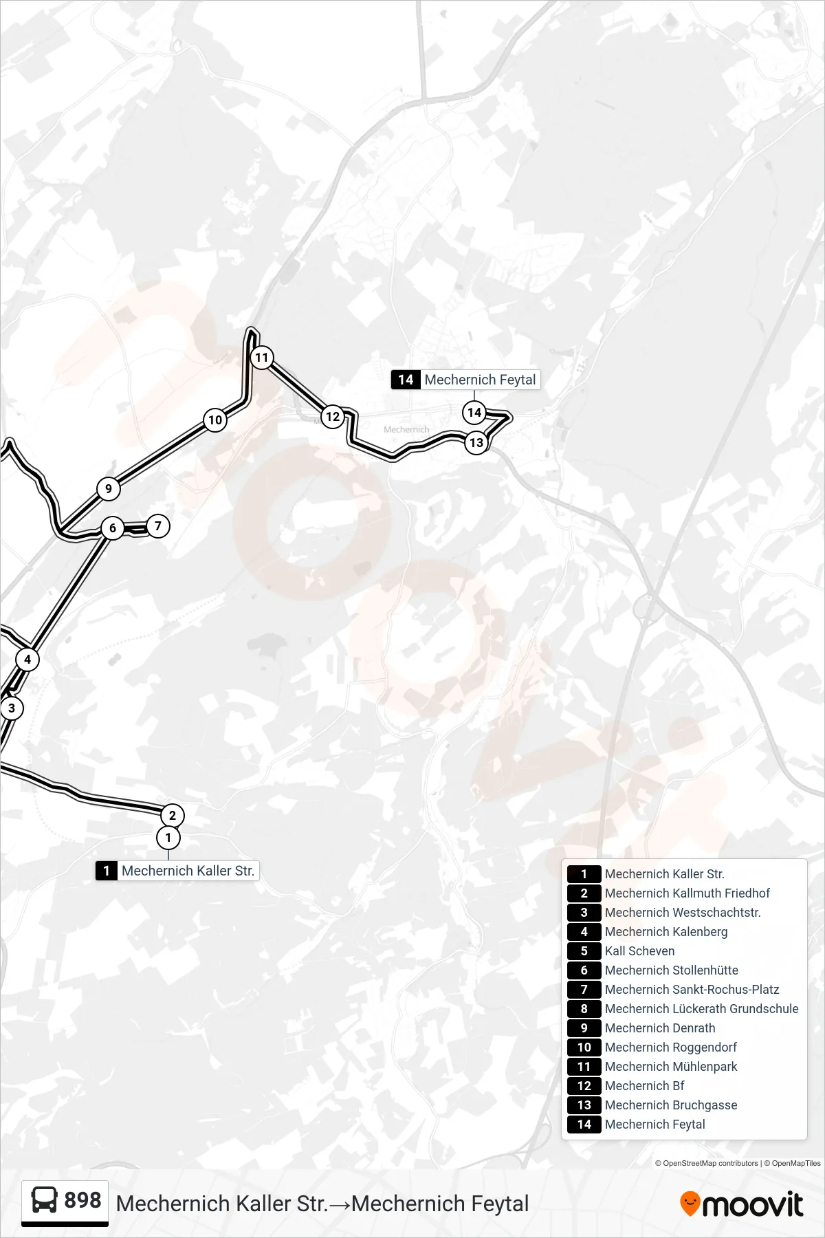 Linie 898 (Bus) Richtung Mechernich Kaller Str.→Mechernich Feytal: Route und Haltestellen auf der Karte