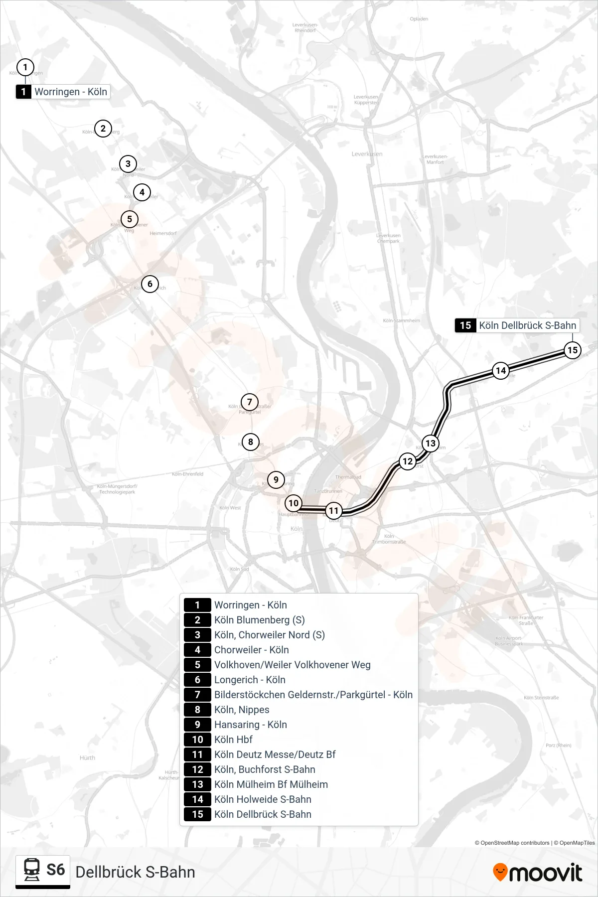 Linie S6 (Bahn) Richtung Dellbrück S-Bahn: Route und Haltestellen auf der Karte