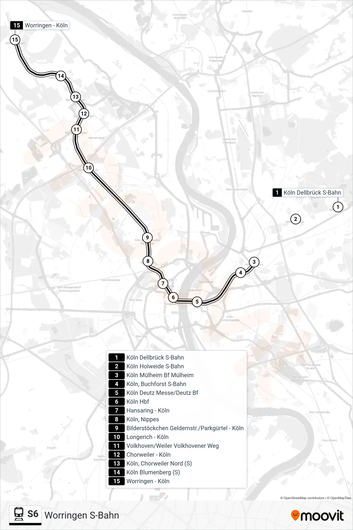 Linie S6 (Bahn) Richtung Worringen S-Bahn: Route und Haltestellen auf der Karte