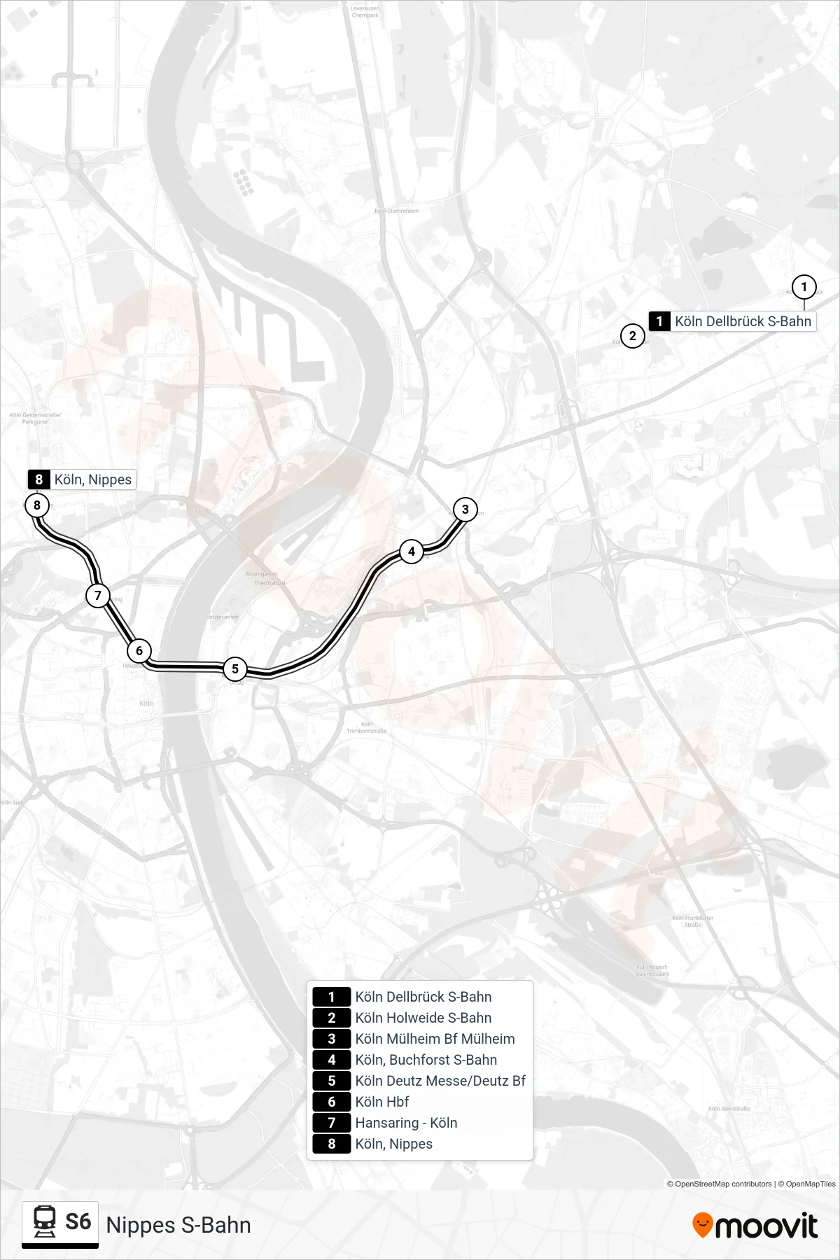 Linie S6 (Bahn) Richtung Nippes S-Bahn: Route und Haltestellen auf der Karte