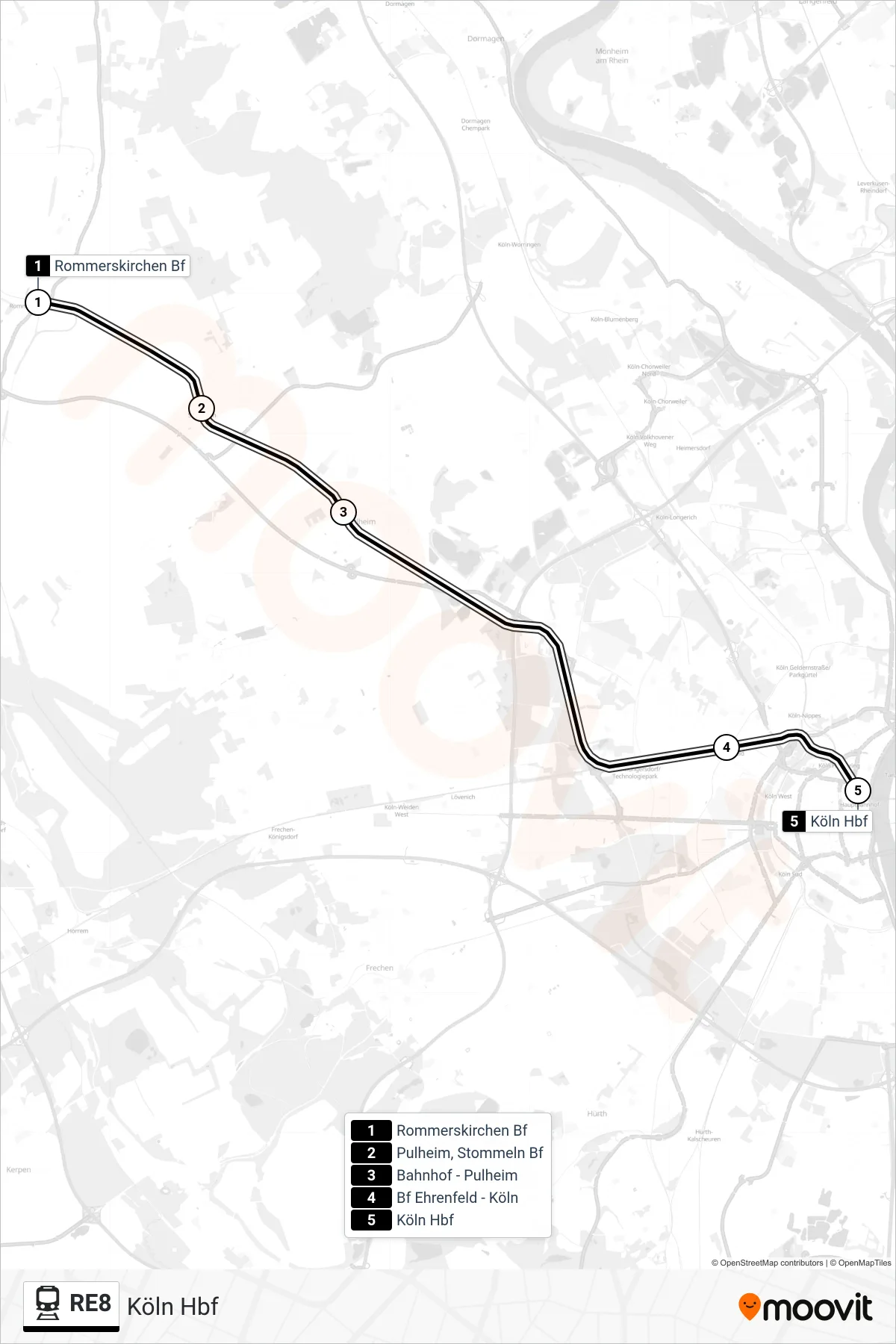 RE8 train Line (Köln Hbf) route and stops on a map