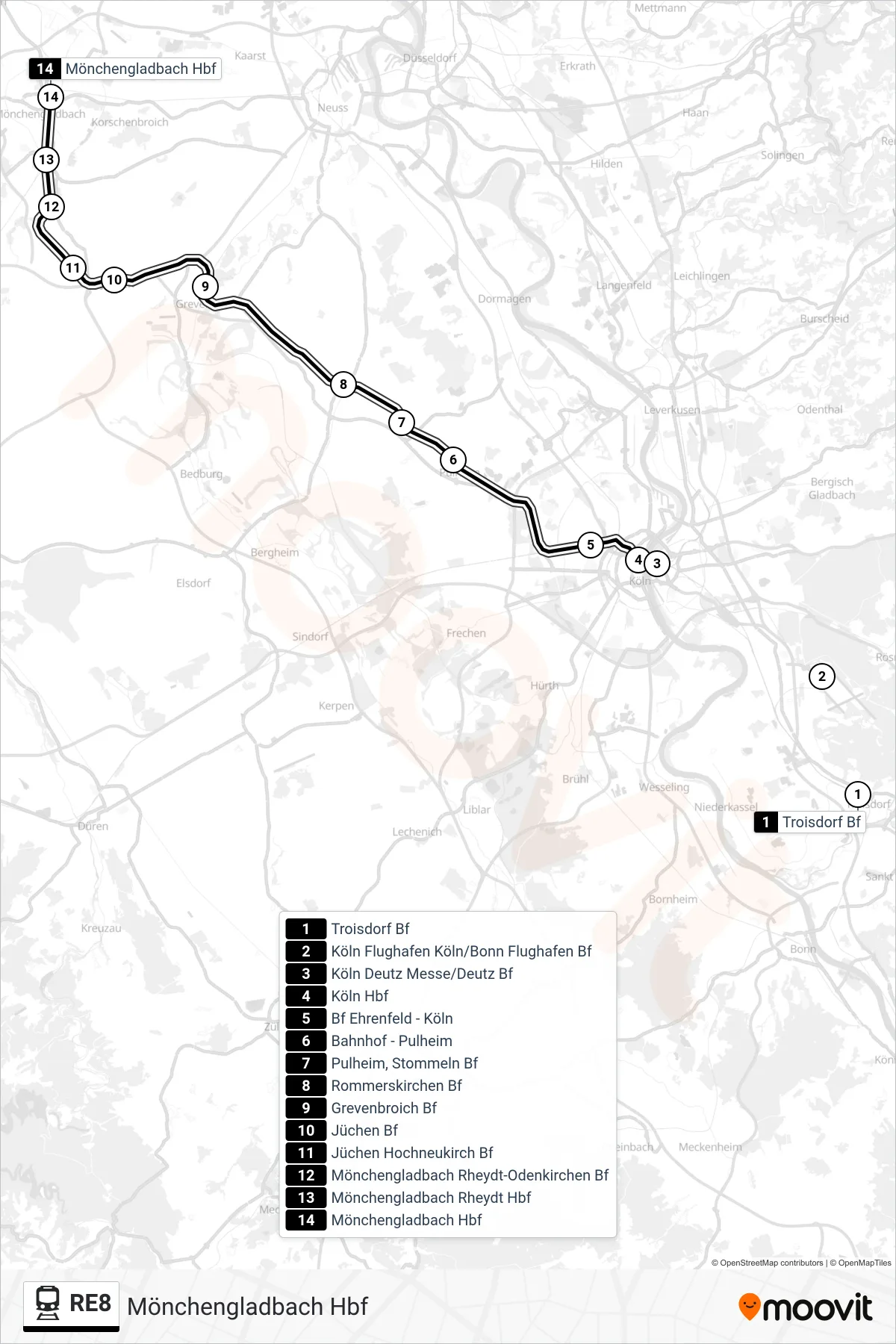 Linie RE8 (Bahn) Richtung Mönchengladbach Hbf: Route und Haltestellen auf der Karte
