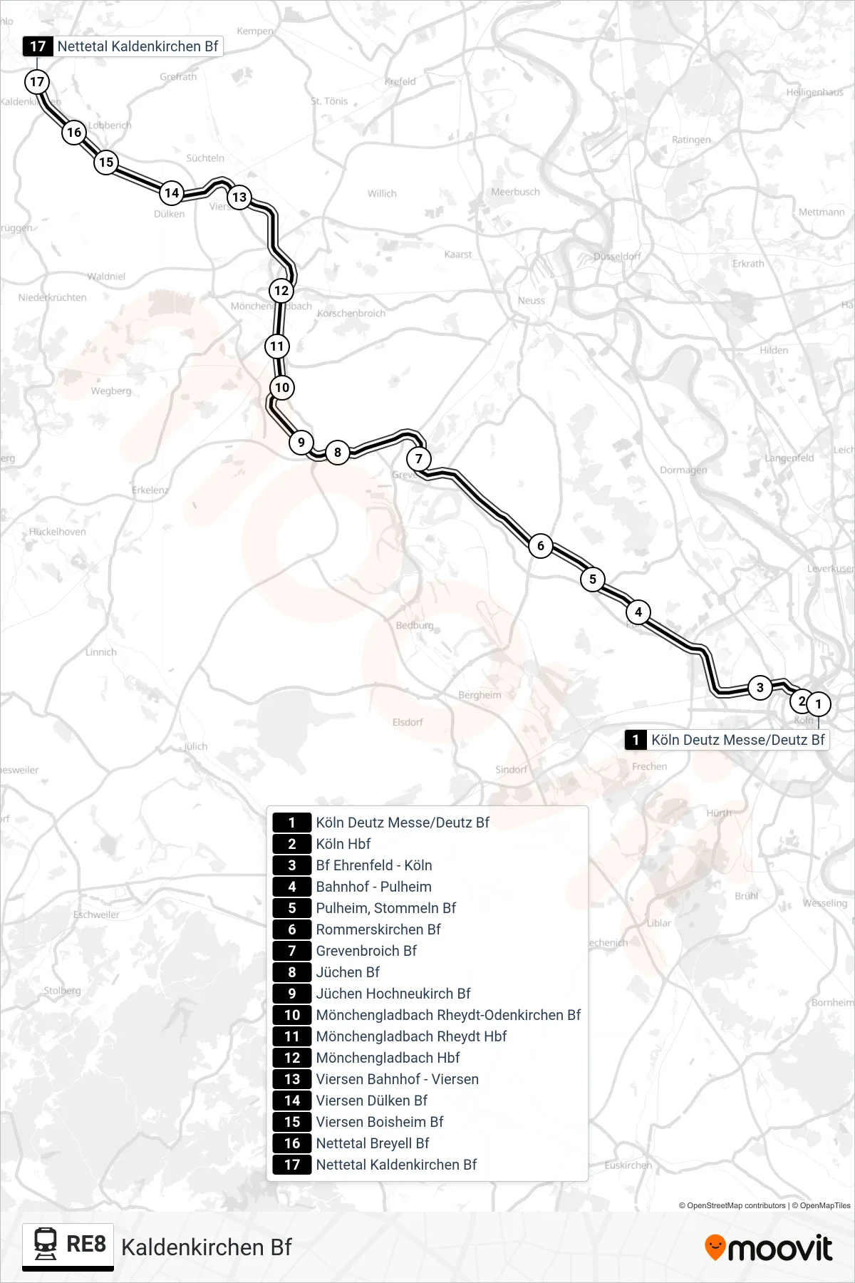 RE8 rail Line (Kaldenkirchen Bf) route and stops on a map