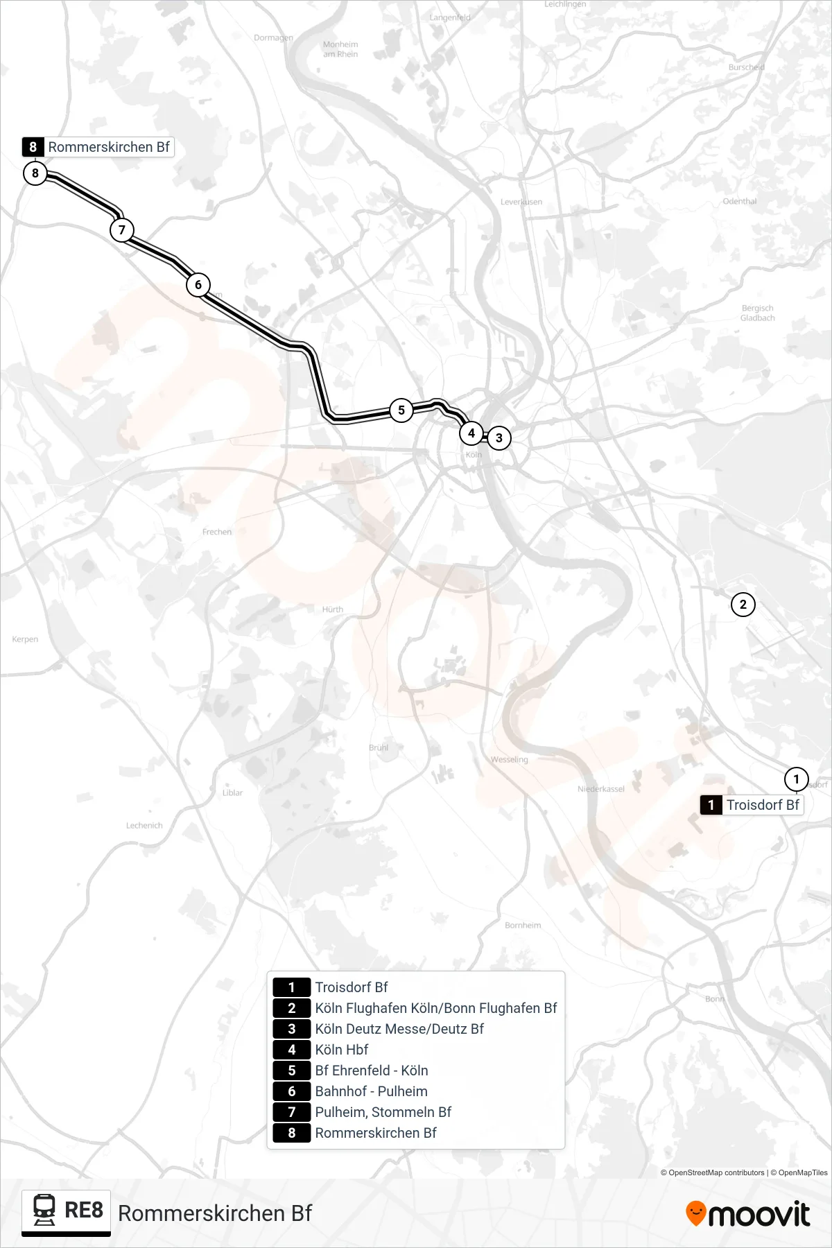 RE8 rail Line (Rommerskirchen Bf) route and stops on a map