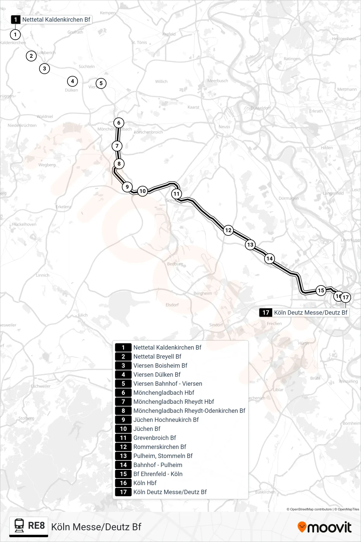 Linie RE8 (Bahn) Richtung Köln Messe/Deutz Bf: Route und Haltestellen auf der Karte