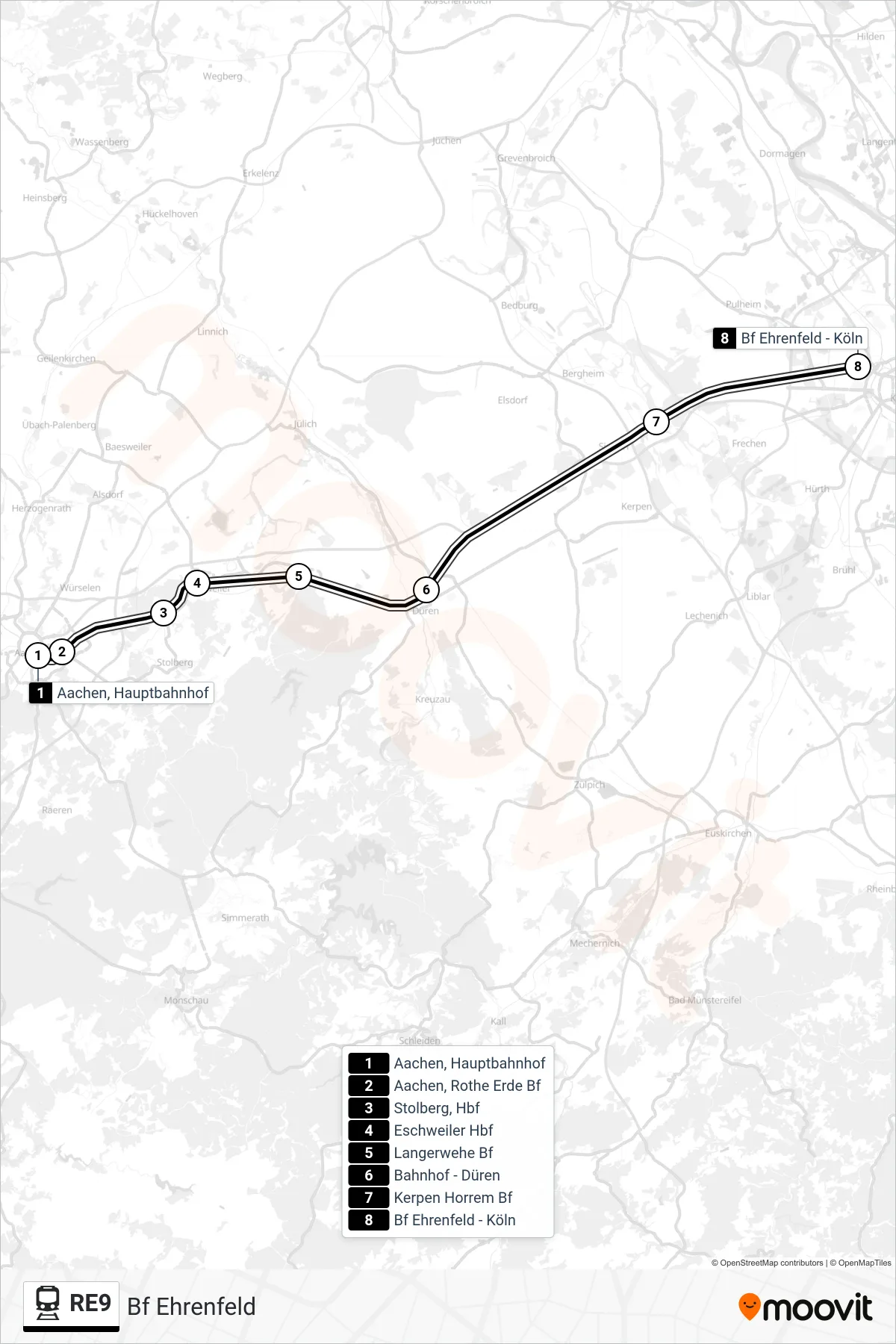 Linie RE9 (Bahn) Richtung Bf Ehrenfeld: Route und Haltestellen auf der Karte