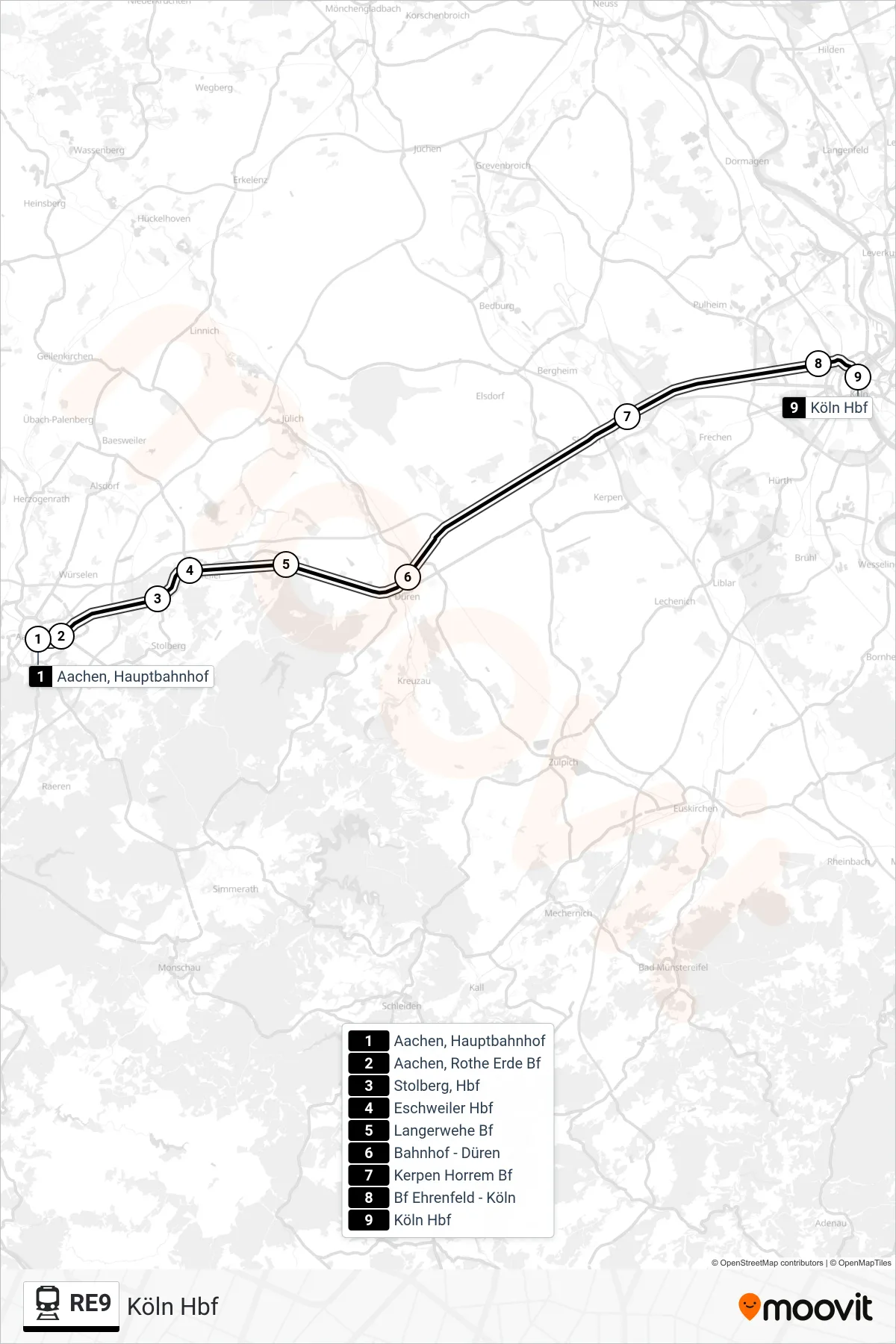 Linie RE9 (Bahn) Richtung Köln Hbf: Route und Haltestellen auf der Karte
