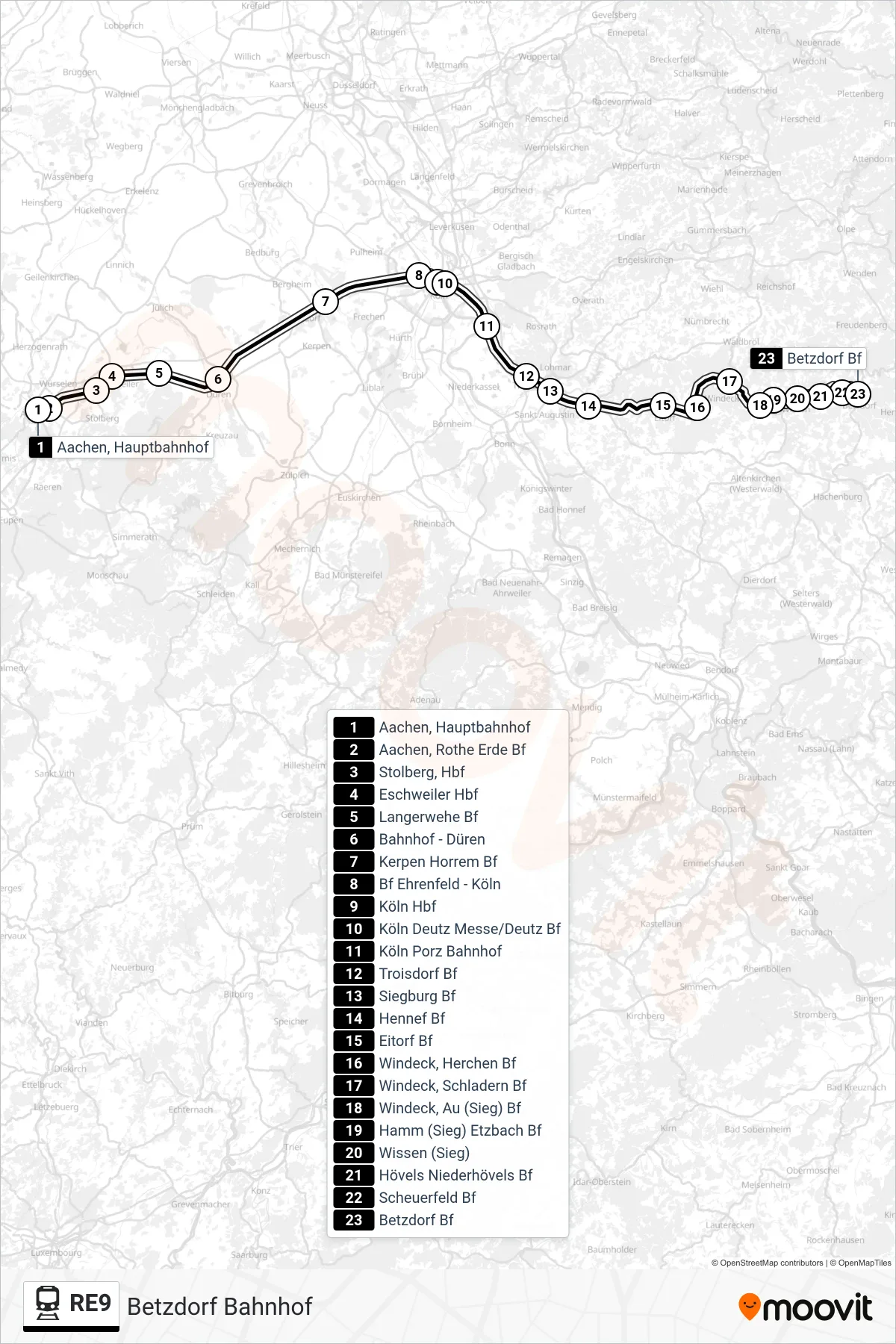 Linie RE9 (Bahn) Richtung Betzdorf Bahnhof: Route und Haltestellen auf der Karte