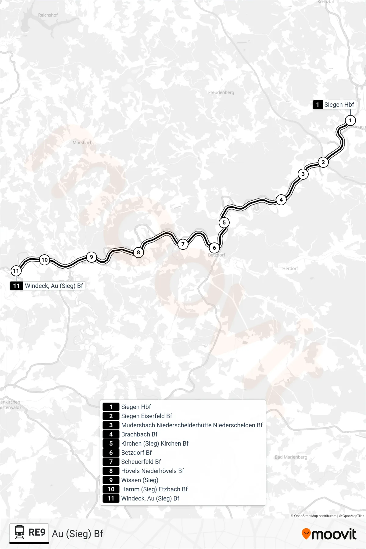 Linie RE9 (Bahn) Richtung Au (Sieg) Bf: Route und Haltestellen auf der Karte