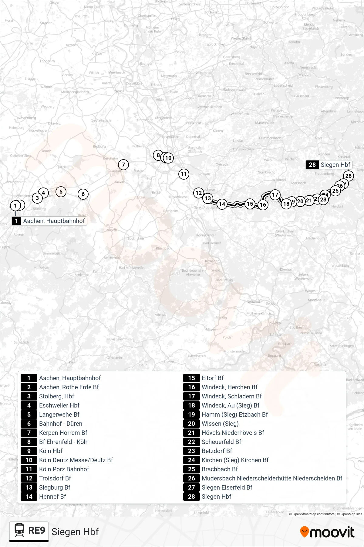 Linie RE9 (Bahn) Richtung Siegen Hbf: Route und Haltestellen auf der Karte
