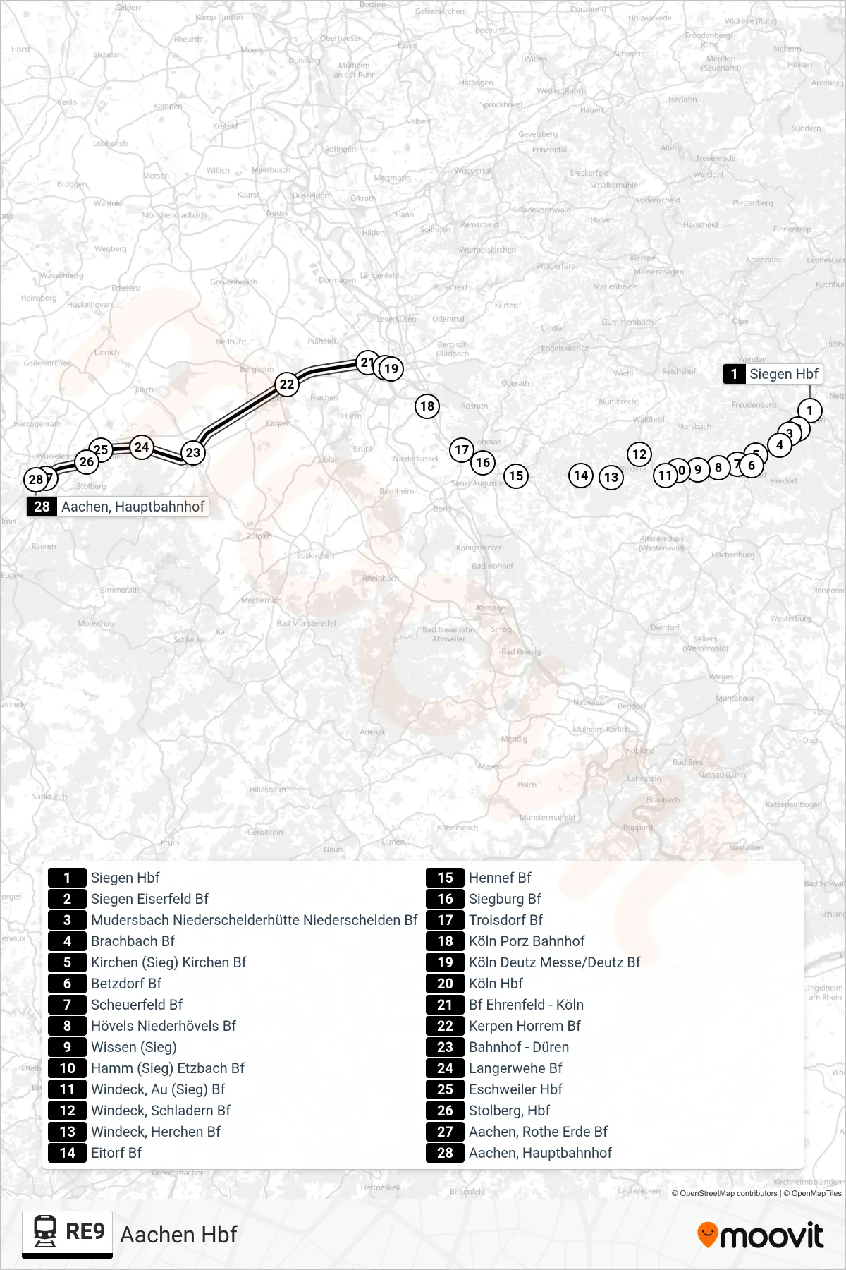 Linie RE9 (Bahn) Richtung Aachen Hbf: Route und Haltestellen auf der Karte