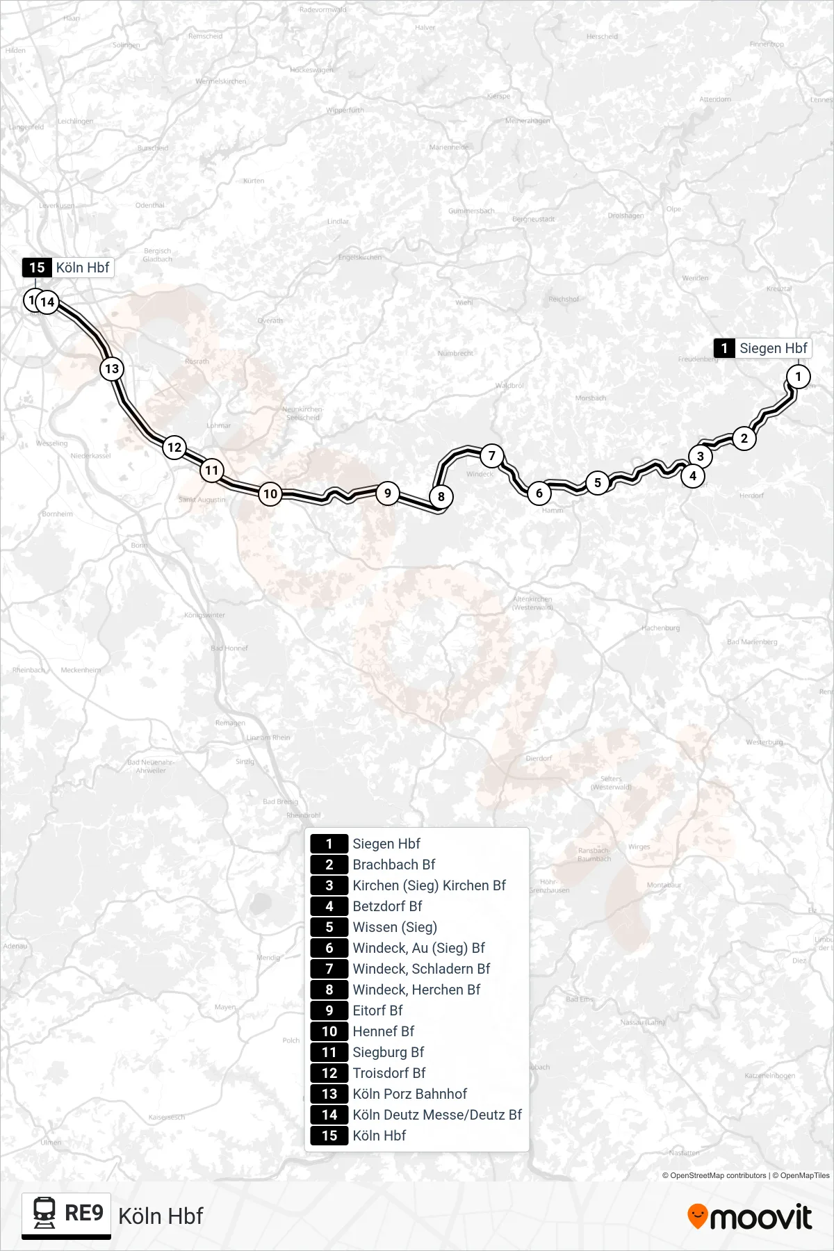 Linie RE9 (Bahn) Richtung Köln Hbf: Route und Haltestellen auf der Karte