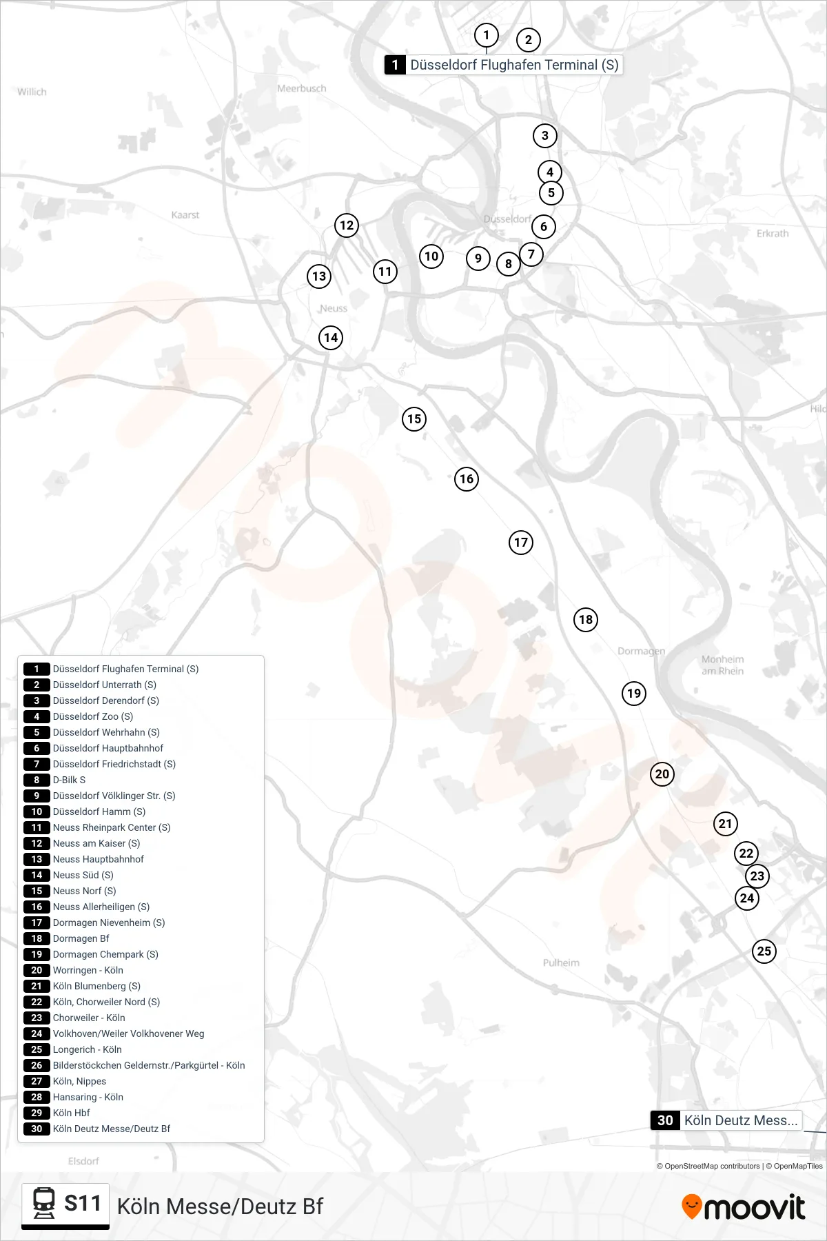 S11 rail Line (Köln Messe/Deutz Bf) route and stops on a map
