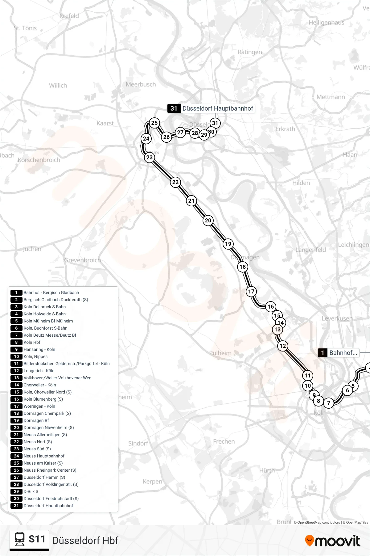 S11 train Line (Düsseldorf Hbf) route and stops on a map
