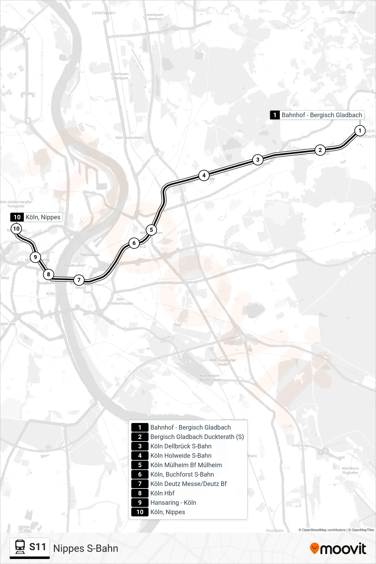S11 rail Line (Nippes S-Bahn) route and stops on a map