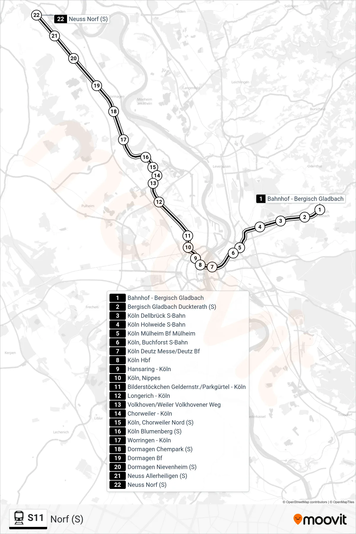 S11 rail Line (Norf (S)) route and stops on a map