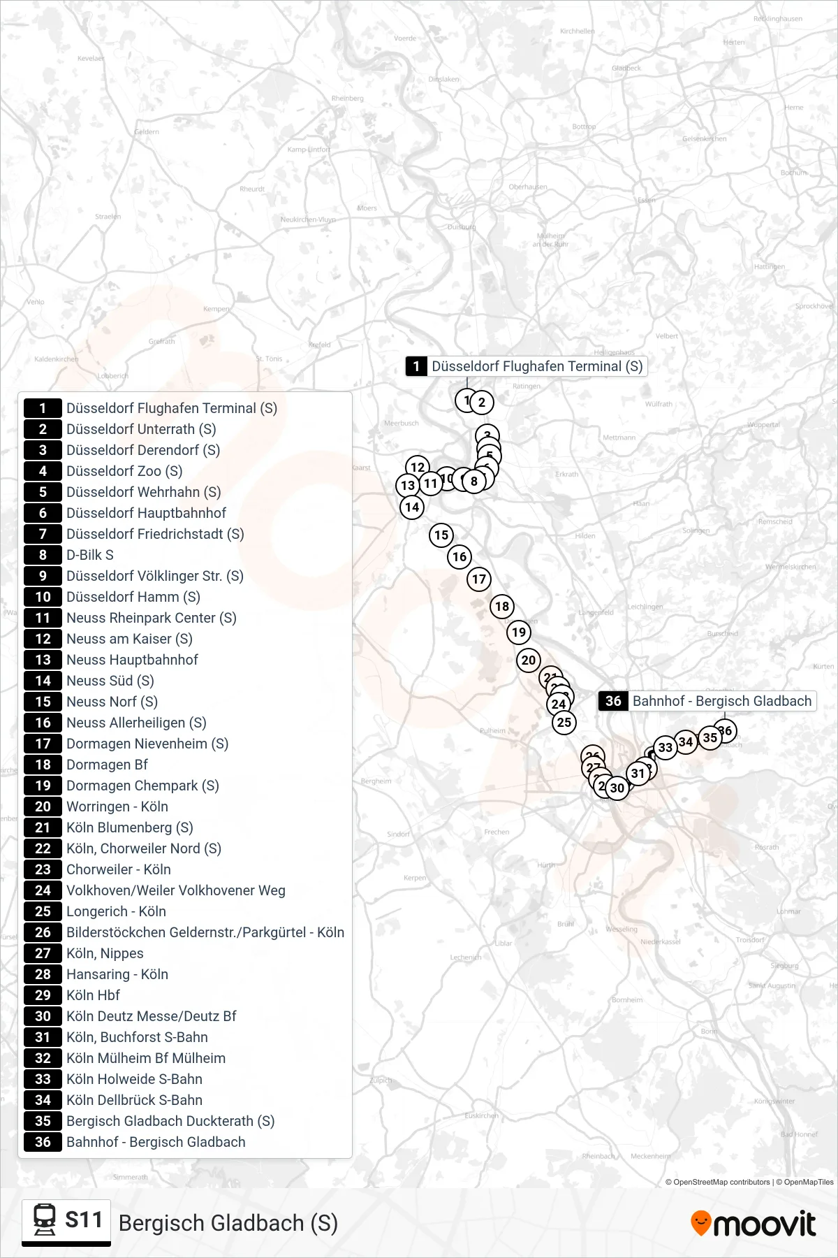 Linie S11 (Bahn) Richtung Bergisch Gladbach (S): Route und Haltestellen auf der Karte