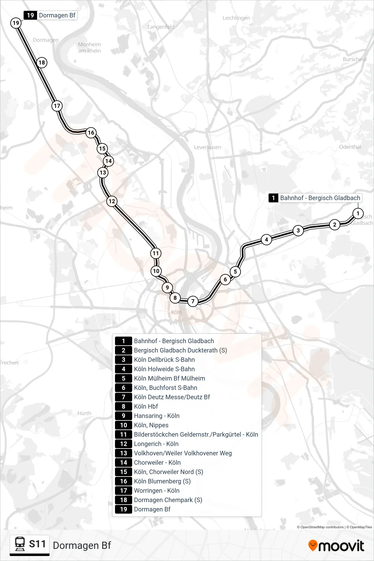 S11 rail Line (Dormagen Bf) route and stops on a map