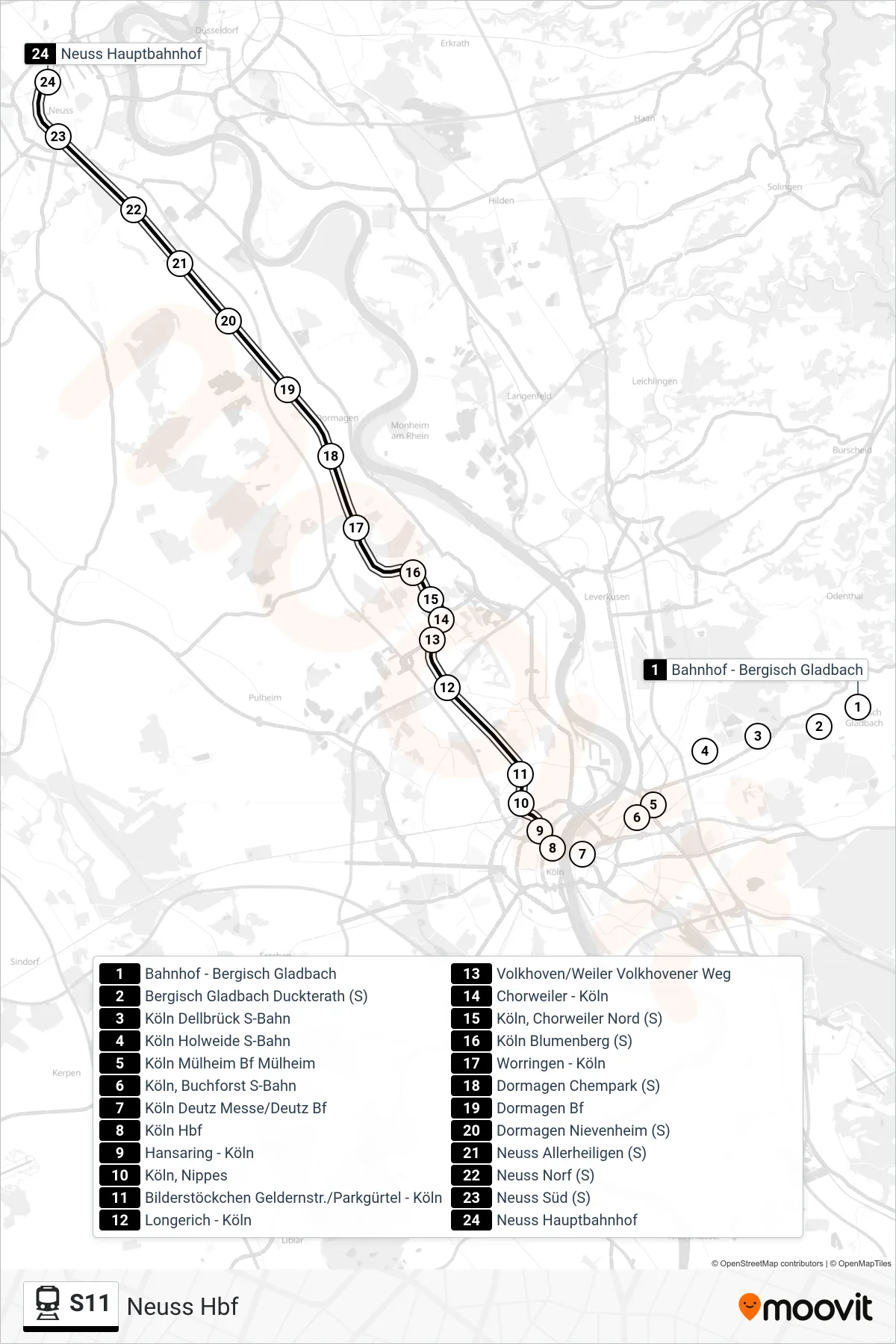 Linie S11 (Bahn) Richtung Neuss Hbf: Route und Haltestellen auf der Karte