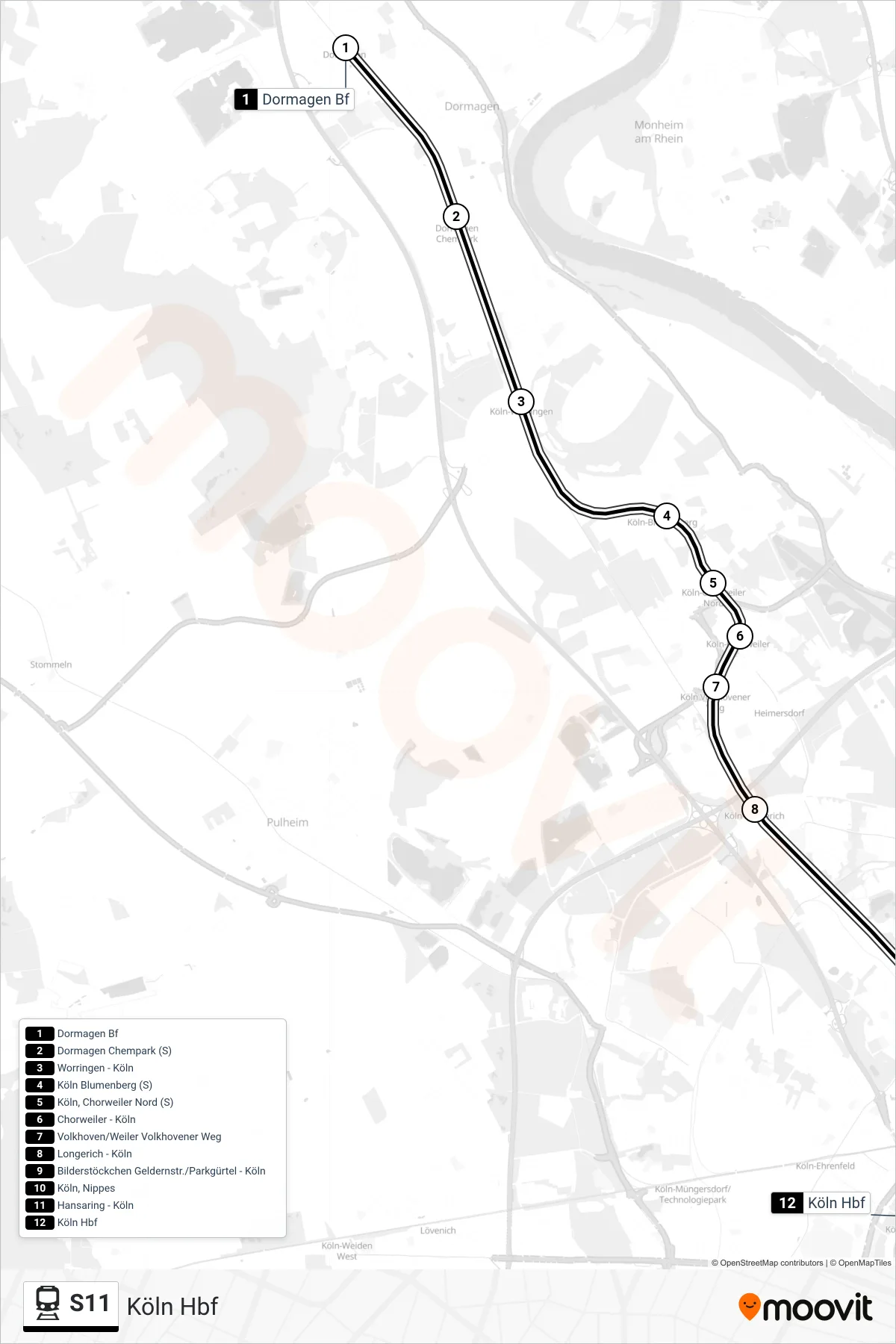 S11 train Line (Köln Hbf) route and stops on a map