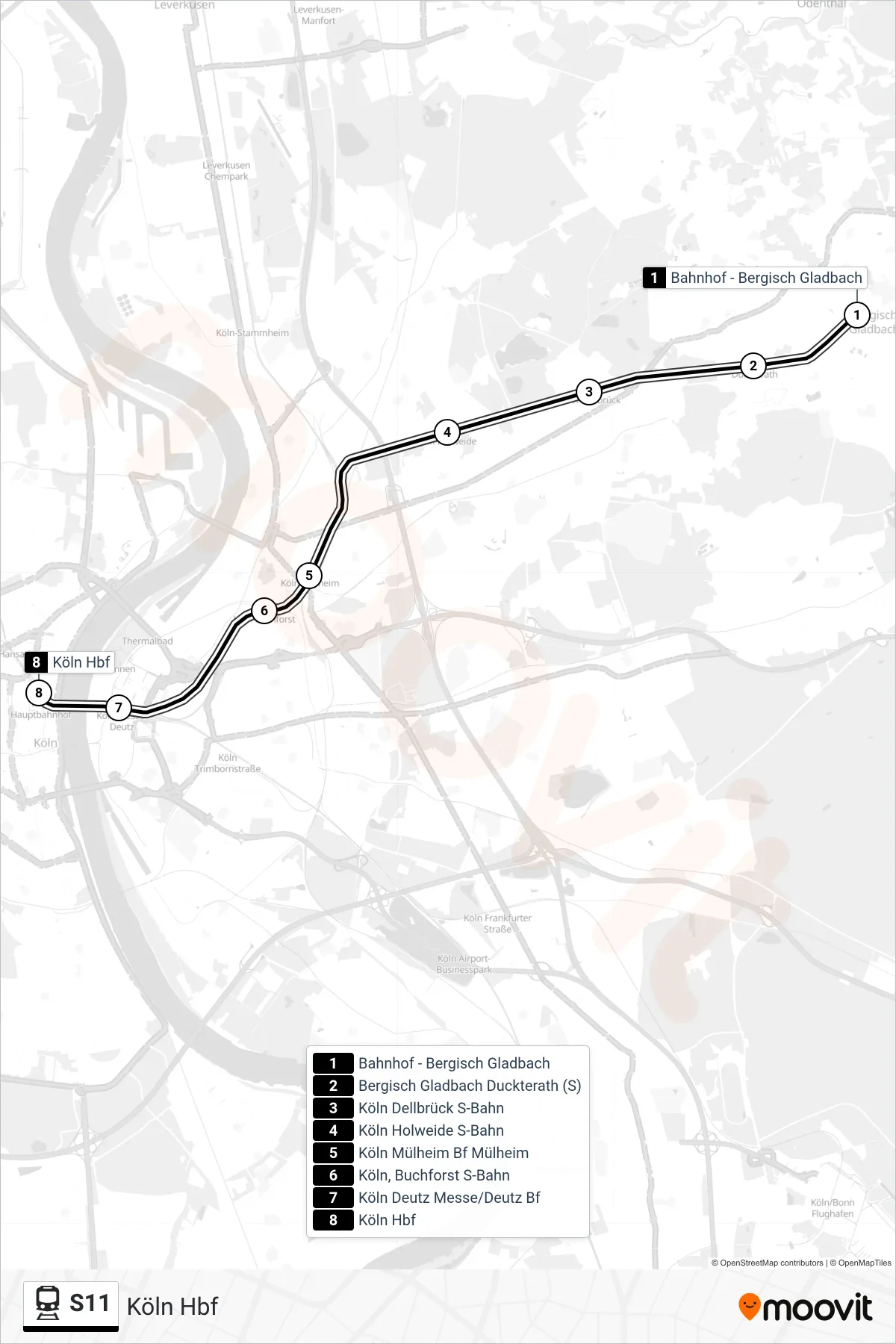 S11 train Line (Köln Hbf) route and stops on a map