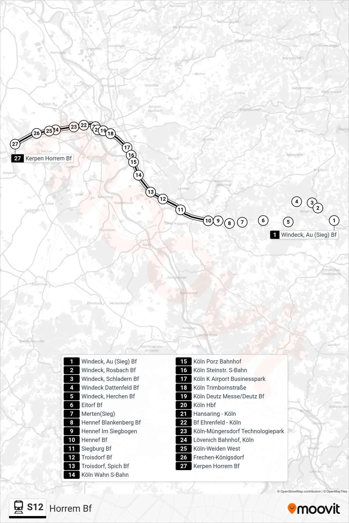 Linie S12 (Bahn) Richtung Horrem Bf: Route und Haltestellen auf der Karte