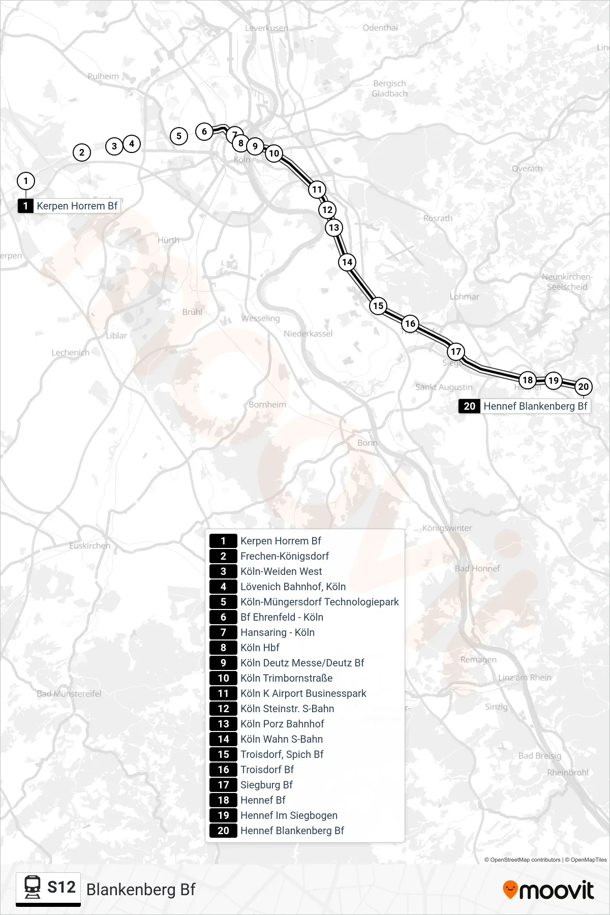 Linie S12 (Bahn) Richtung Blankenberg Bf: Route und Haltestellen auf der Karte