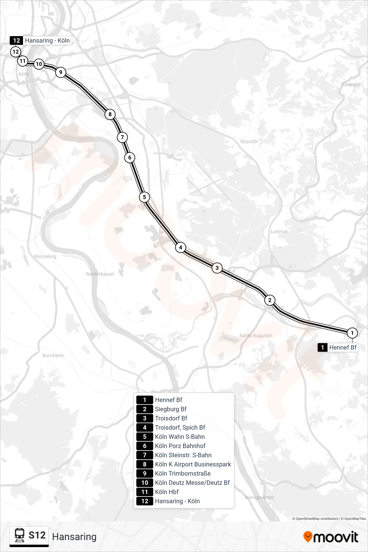 Linie S12 (Bahn) Richtung Hansaring: Route und Haltestellen auf der Karte