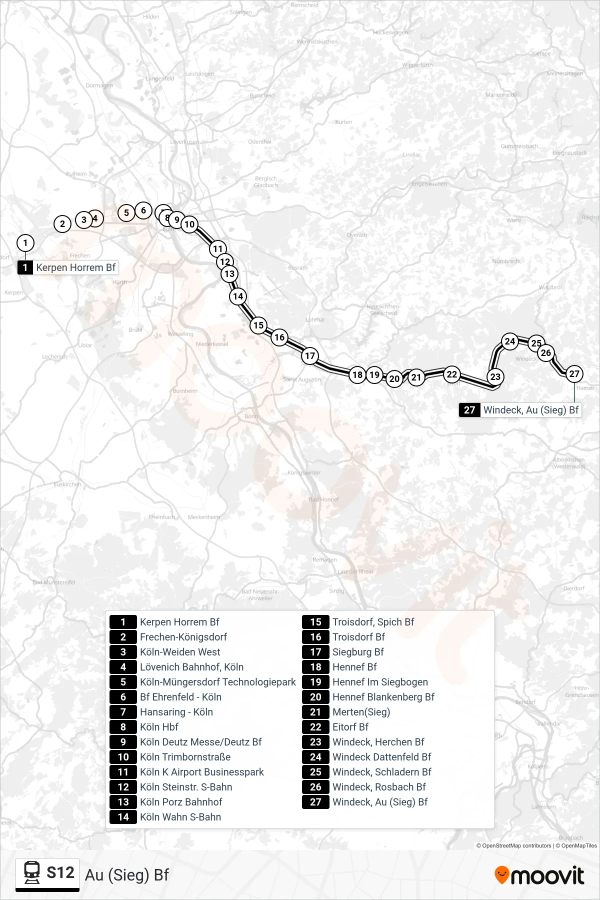 Linie S12 (Bahn) Richtung Au (Sieg) Bf: Route und Haltestellen auf der Karte