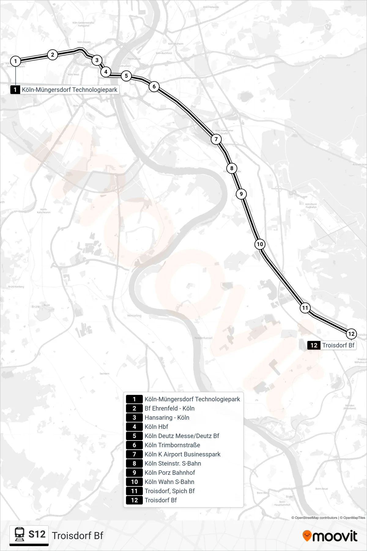 Linie S12 (Bahn) Richtung Troisdorf Bf: Route und Haltestellen auf der Karte
