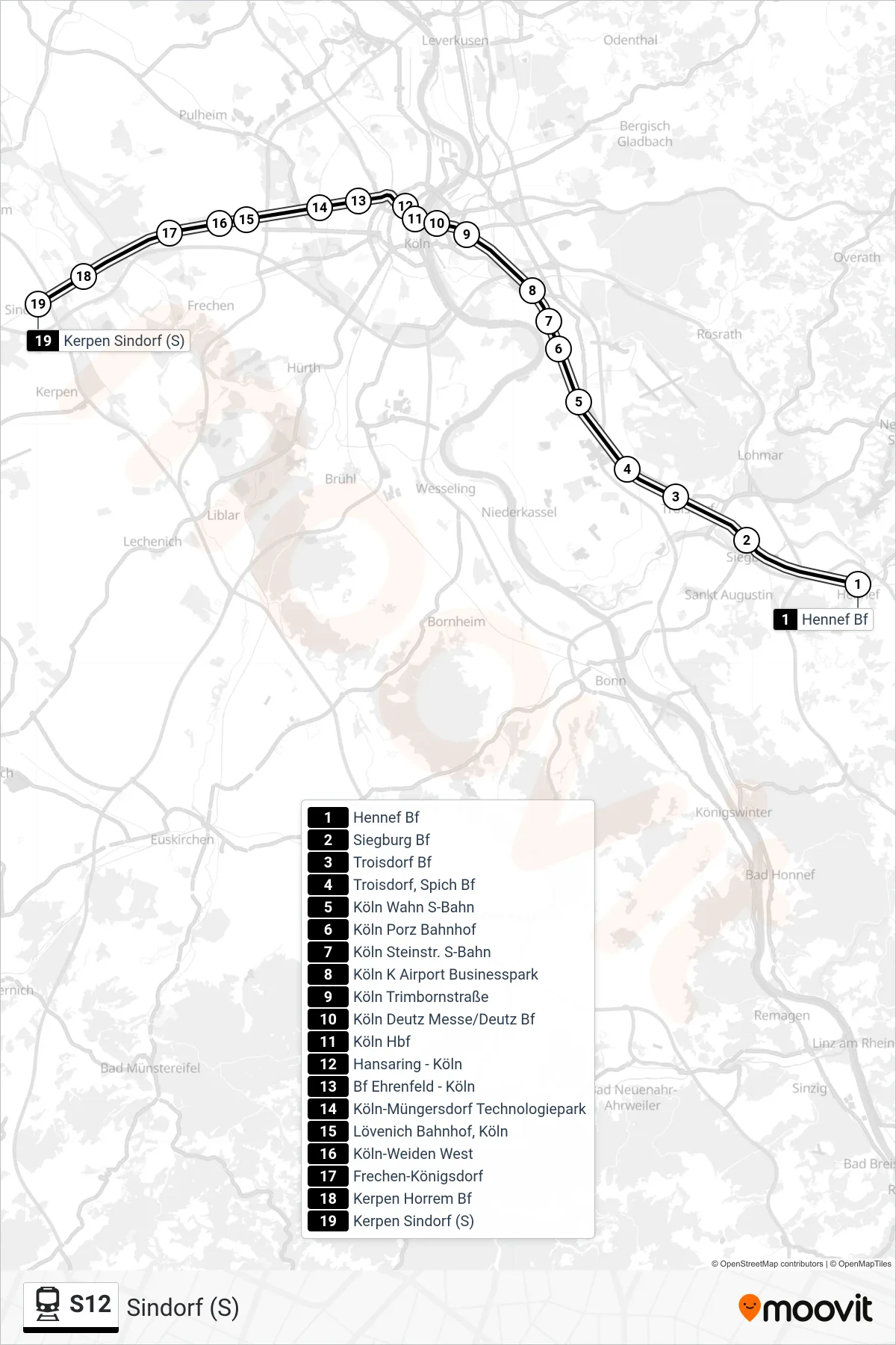 S12 train Line (Sindorf (S)) route and stops on a map