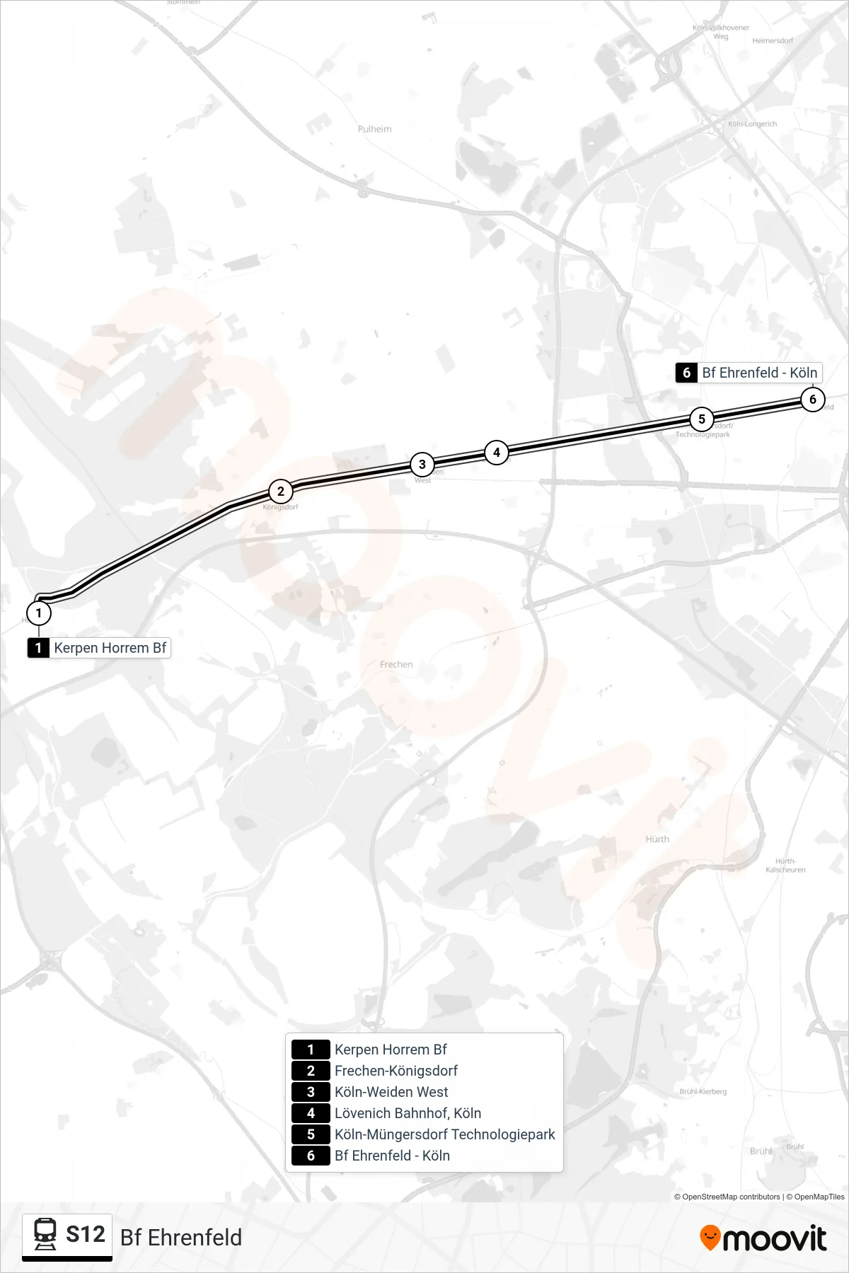 Linie S12 (Bahn) Richtung Bf Ehrenfeld: Route und Haltestellen auf der Karte