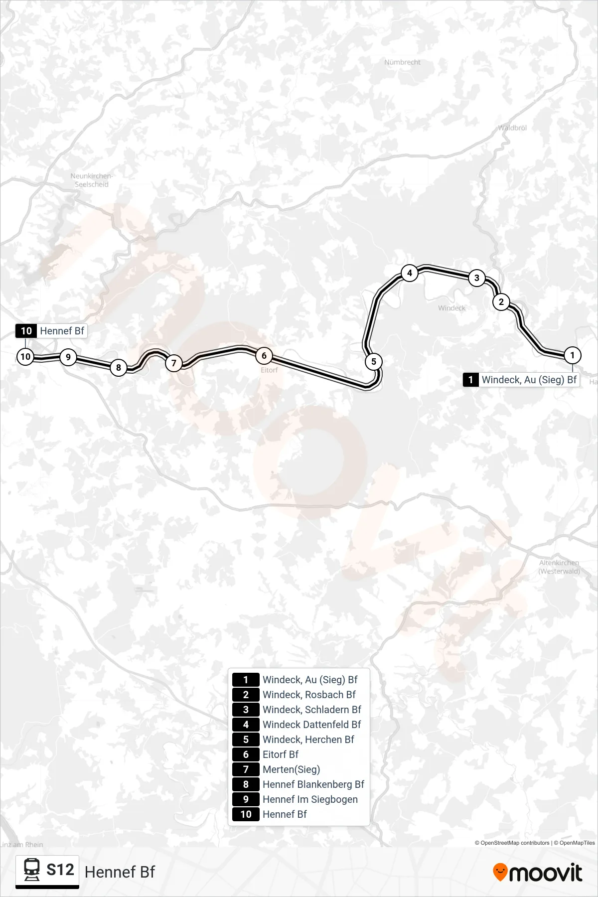 Linie S12 (Bahn) Richtung Hennef Bf: Route und Haltestellen auf der Karte