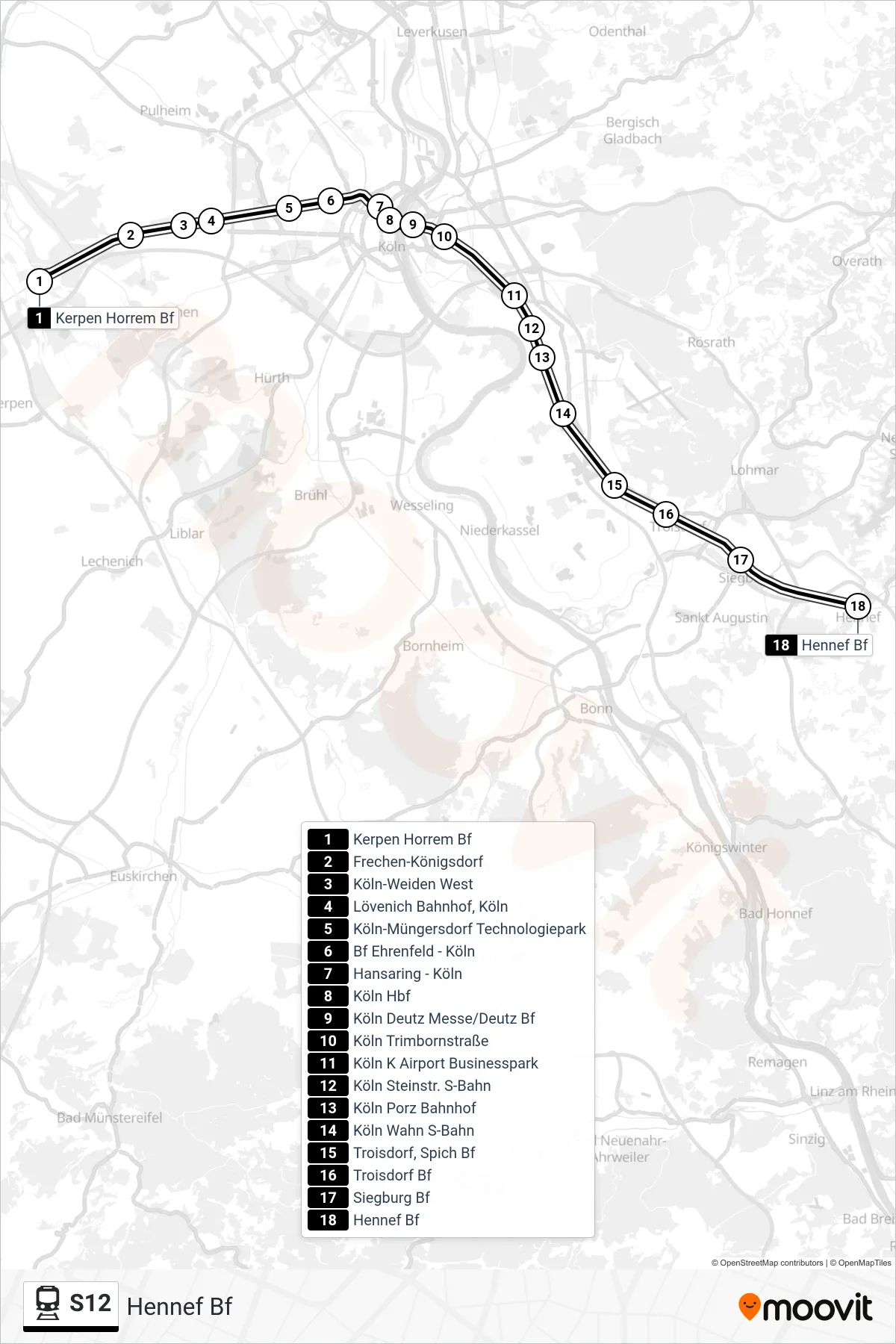 Linie S12 (Bahn) Richtung Hennef Bf: Route und Haltestellen auf der Karte