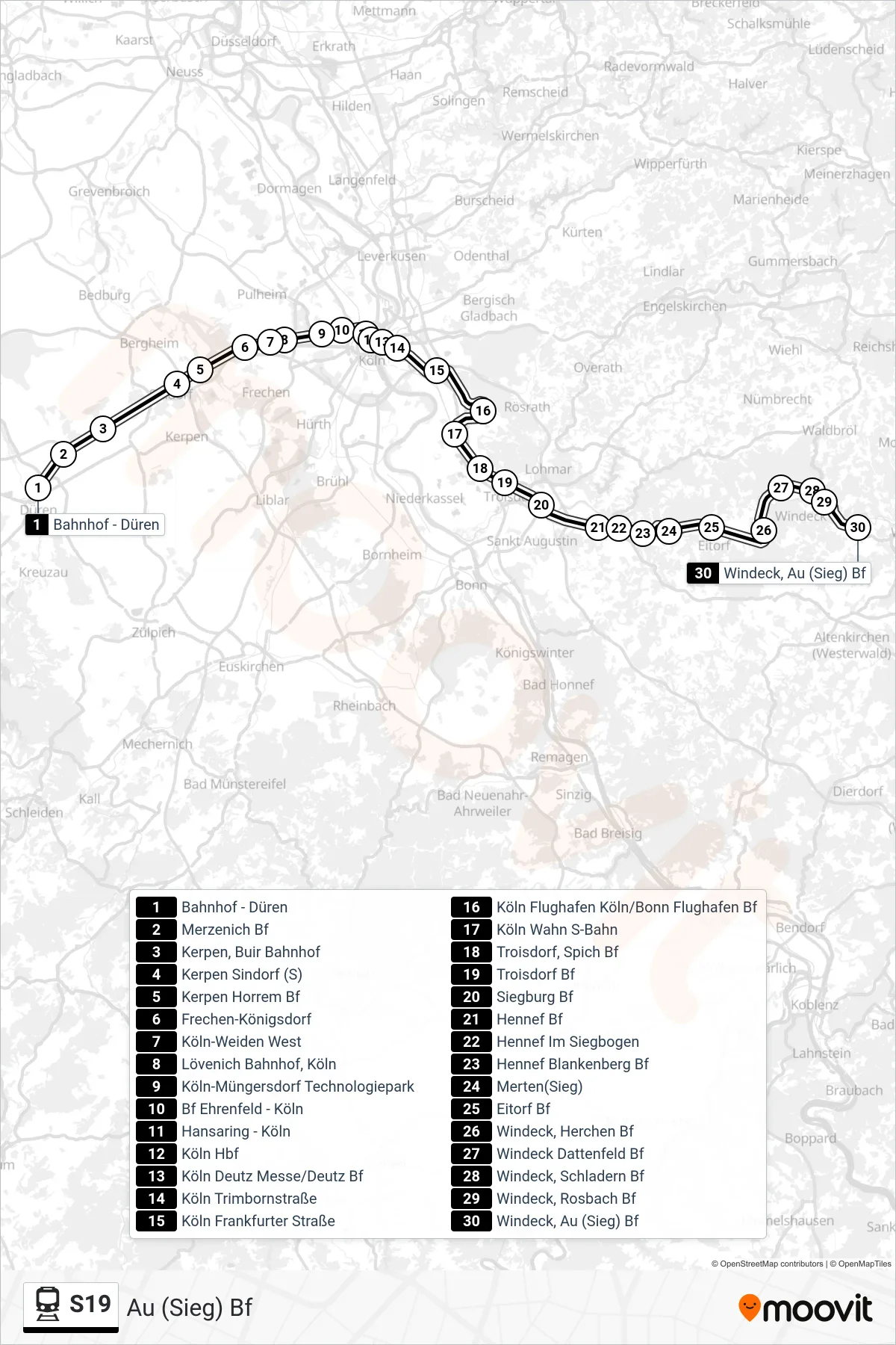 S19 rail Line (Au (Sieg) Bf) route and stops on a map